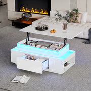 Tavolino elevabile con contenitore, cassetto e luci LED, bianco