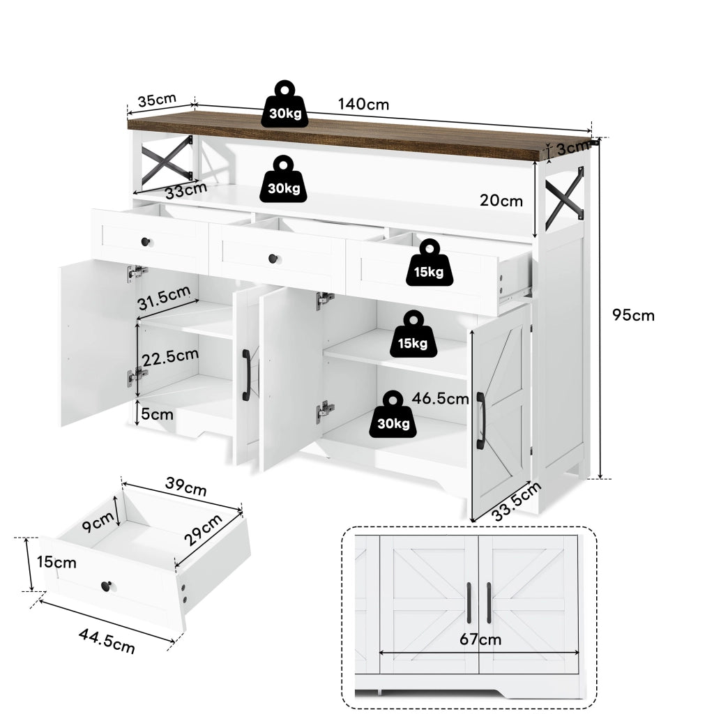 Buffet Credenza 140 cm ¨C MINIMAL ¨C Bianco/Marrone, 3 Cassetti, Ante, Ripiani, Legno