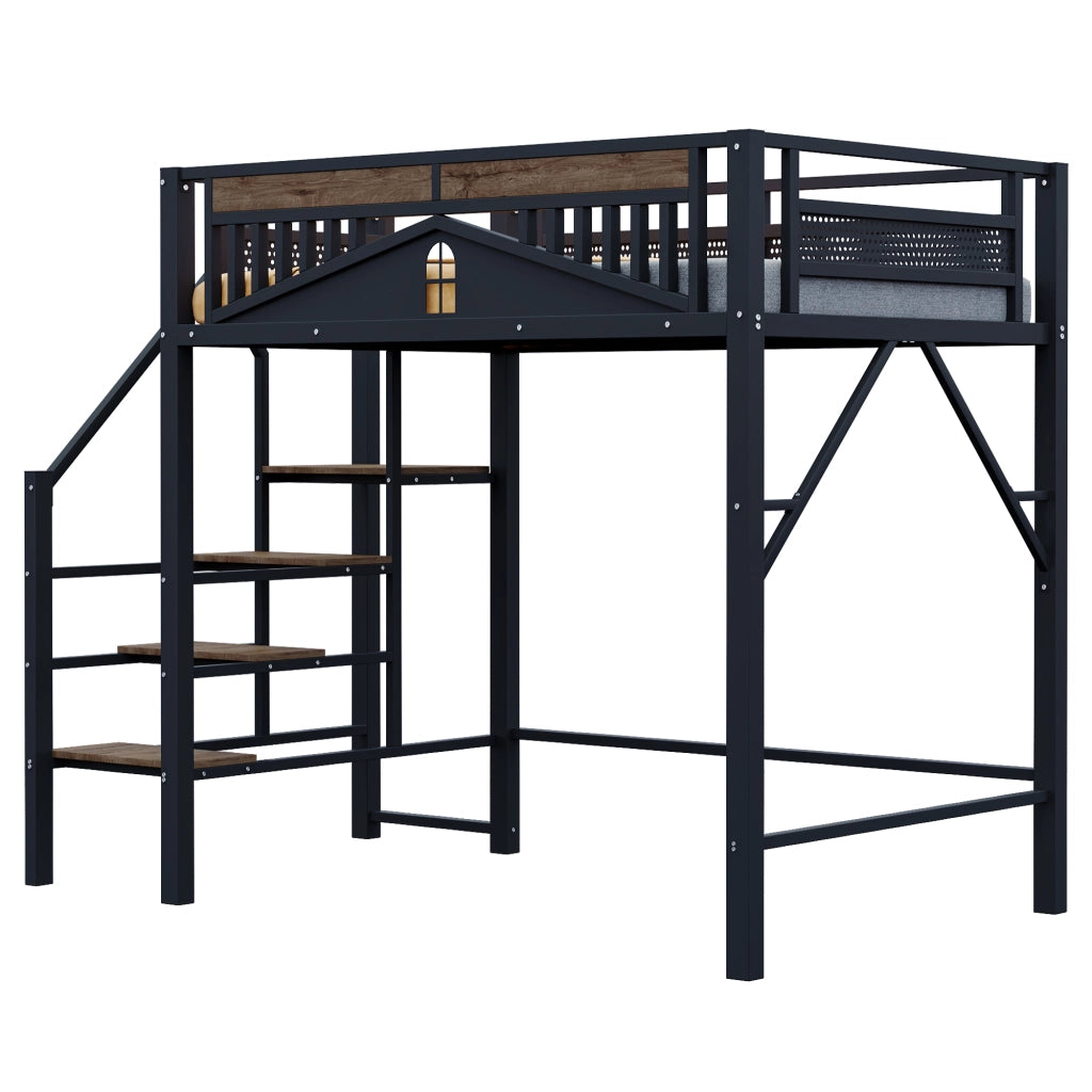 Letto a soppalco 140 × 200 cm con scala di sicurezza; gradini in legno e barriera a finestra in metallo nero