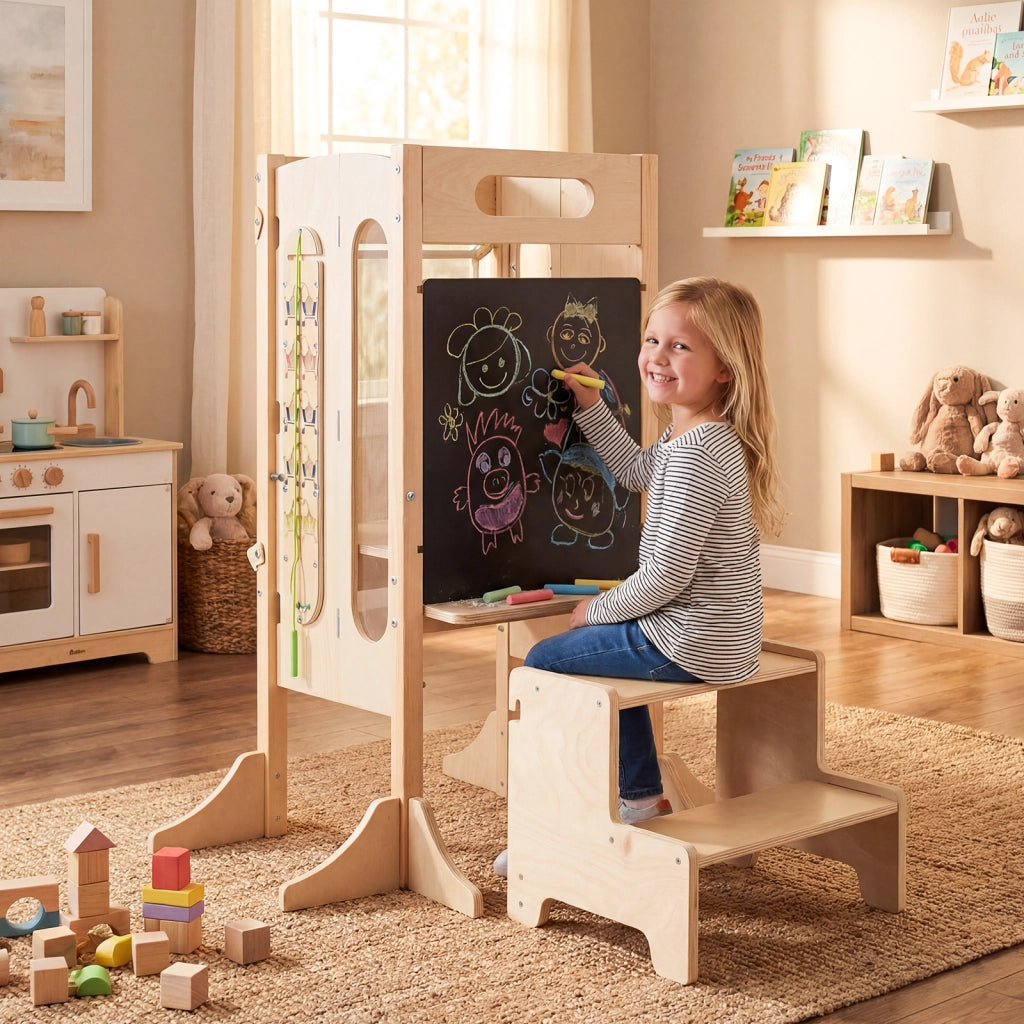 Torre pieghevole bambini sgabello cucina legno 2 scalini rete sicurezza, Torre apprendimento lavagna giochi montessori bambini 3+ anni Naturale