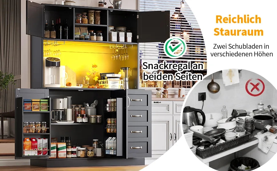 Mobile contenitore 120x40x188 cm, 4 ante e 2 grandi cassetti, con illuminazione LED, ripiano snack e portabottiglie, verde/nero/bianco