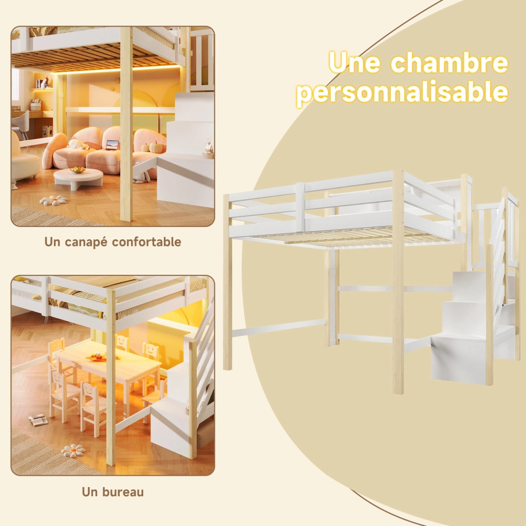 Letto a soppalco 140x200 cm con LED; scala contenitore e vani a giorno bianco naturale