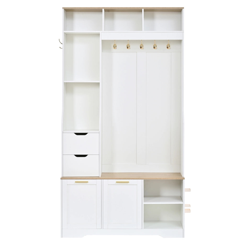 Mobile da ingresso guardaroba con 2 cassetti, 2 scarpiere a ribalta, panca e LED per corridoio, 100 × 32 × 186 cm