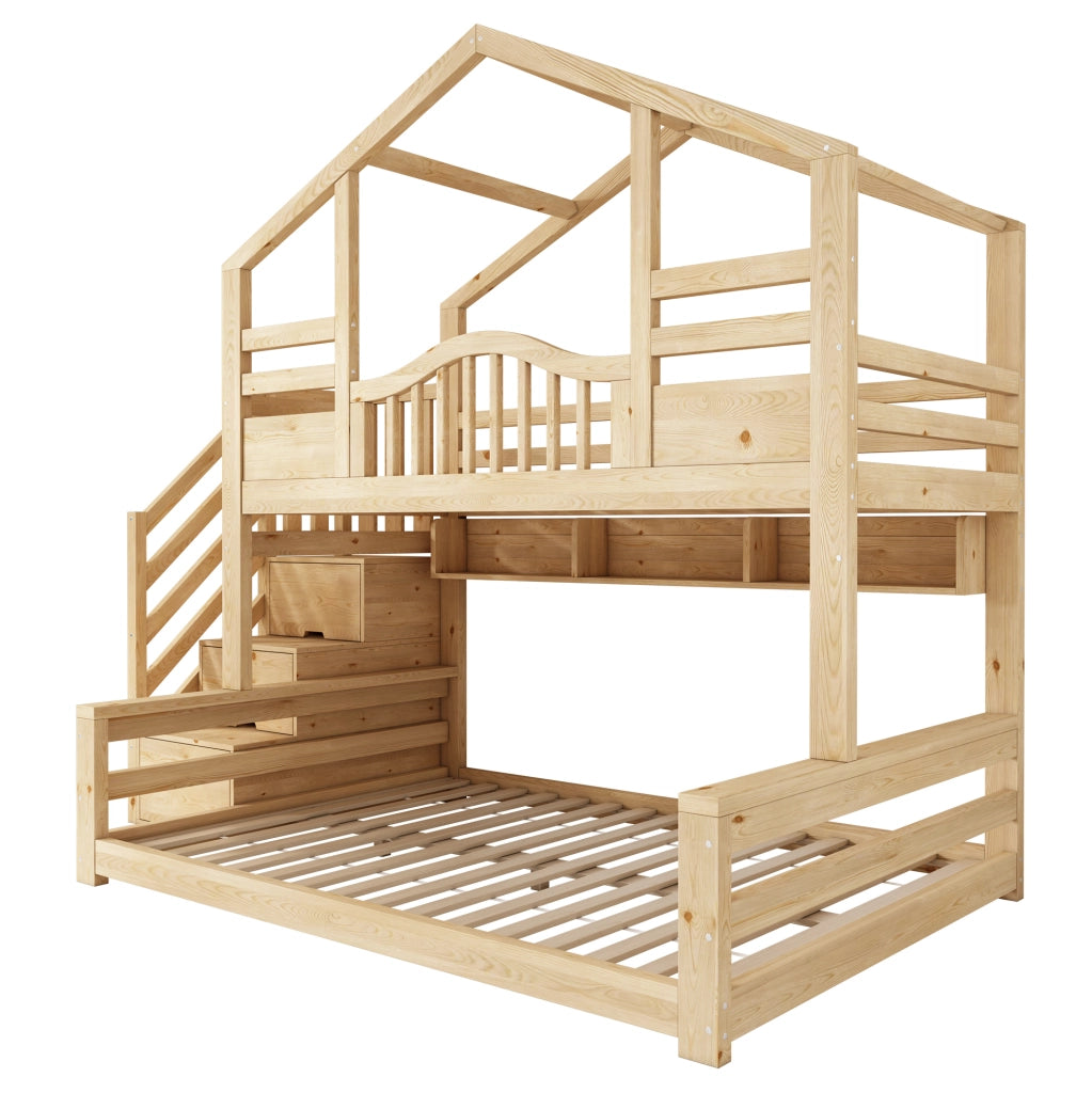Letto a castello casa bambini 90x200 e 140x200 cm con scala contenitore in legno naturale HOMVRA