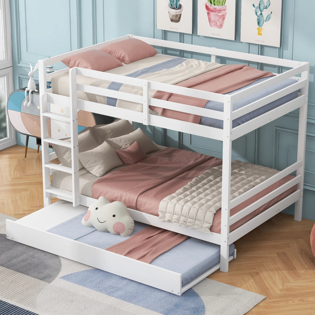 Letto a castello 140×200 cm 3 posti con letto estraibile e scala; senza materasso; in pino; bianco