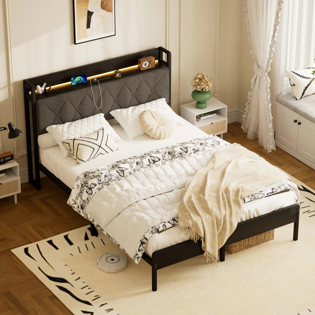 LETTO Imbottito 140x190 cm Nero Grigio con testiera LED e USB