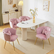 Set di 4 sedie imbottite in velluto rosa con schienale a petalo e gambe in metallo dorato