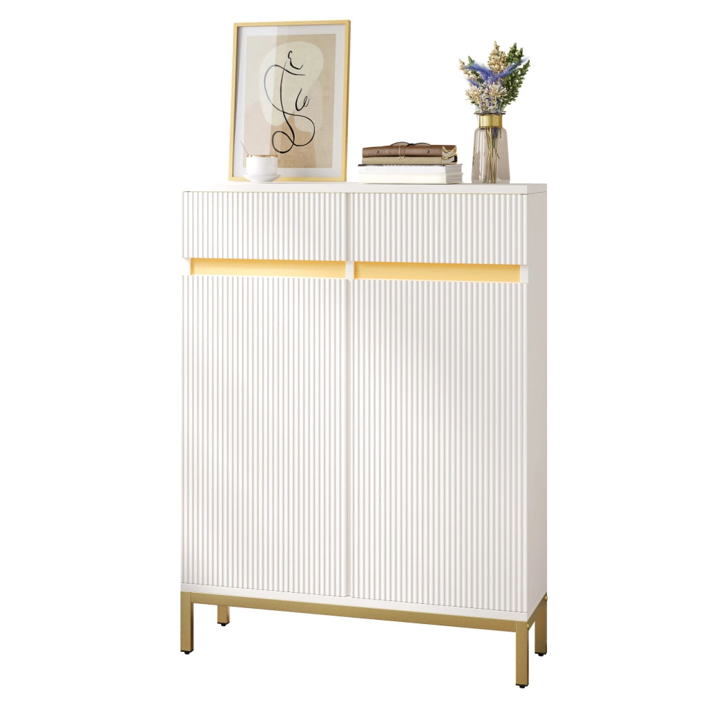 Scarpiera LED con 2 cassetti, 2 ante e ripiani regolabili per ingresso, bianca con gambe dorate, 80 × 35 × 103 cm