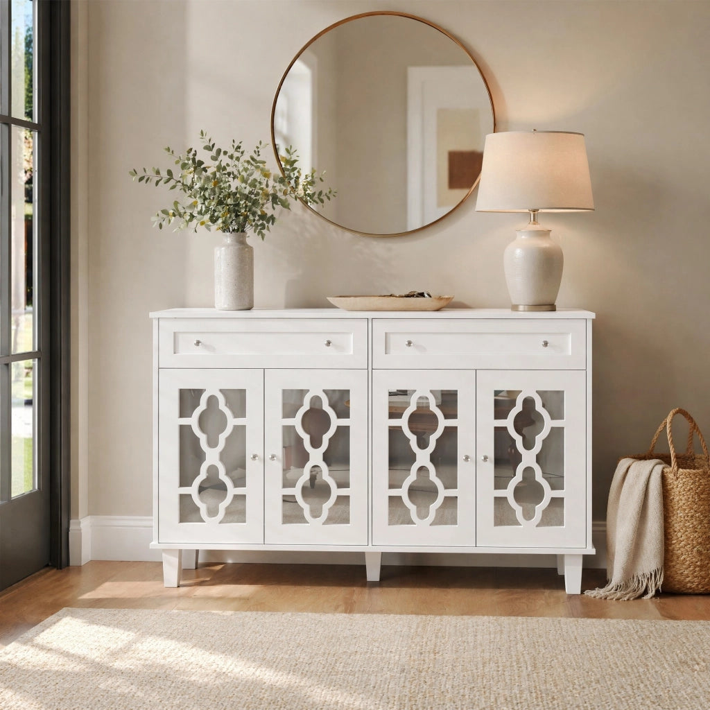 Credenza bianca con 4 ante a specchio e 2 cassetti