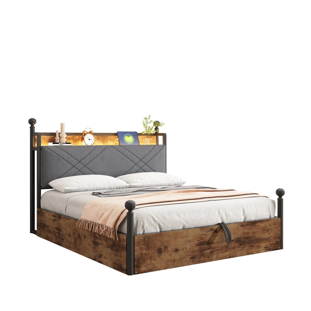 Letto matrimoniale 140 × 190 cm 2 posti; contenitore idraulico; LED regolabile e USB Type-C; senza materasso; nero