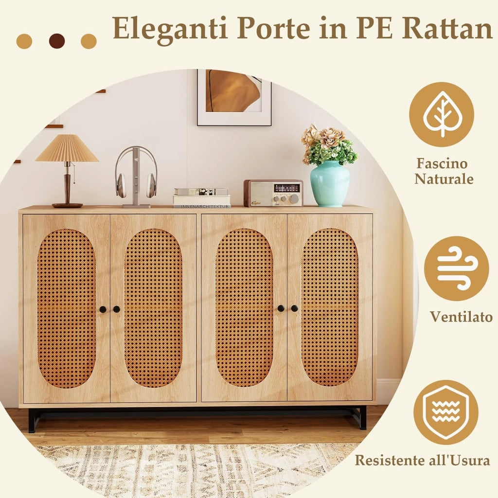 Credenza in Rattan, Armadio a Buffet con 4 Ante, Ripiani Regolabili in 3 Posizioni e Gambe in Metallo, Mobile Contenitore in Legno per Cucina, Sala da Pranzo e Soggiorno, 126 x 40 x 81 cm