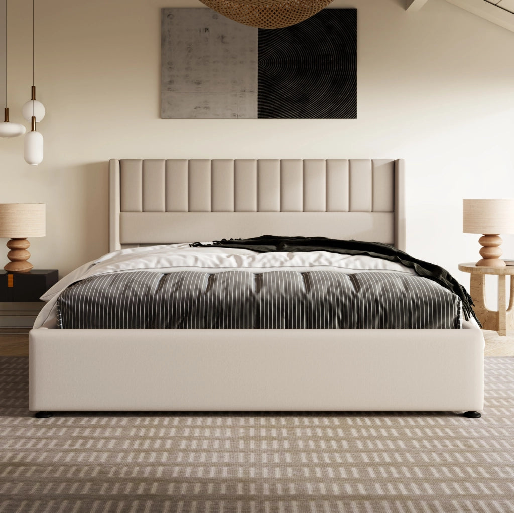 Letto matrimoniale imbottito con contenitore e sistema idraulico 160x200 cm, in lino beige