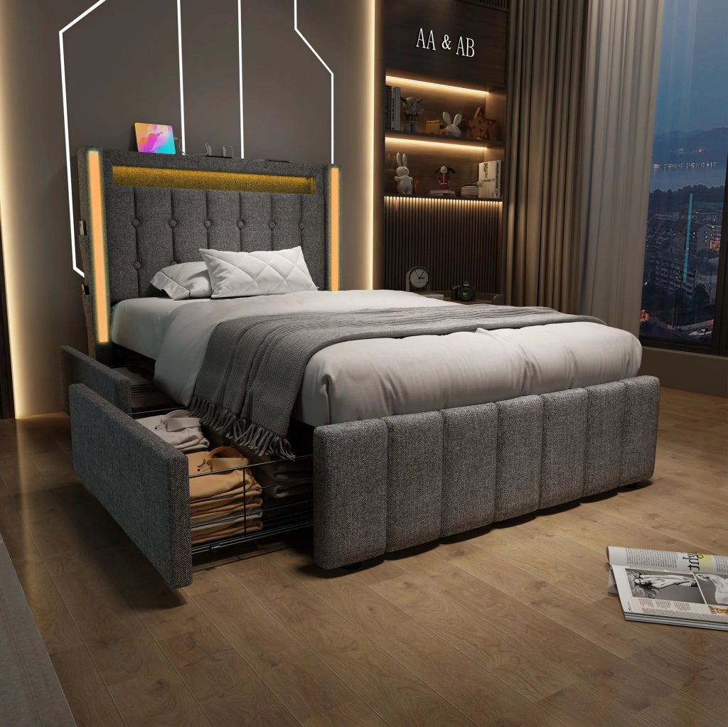 Letto singolo 90x200 cm con USB, Type-C, LED e 2 cassetti