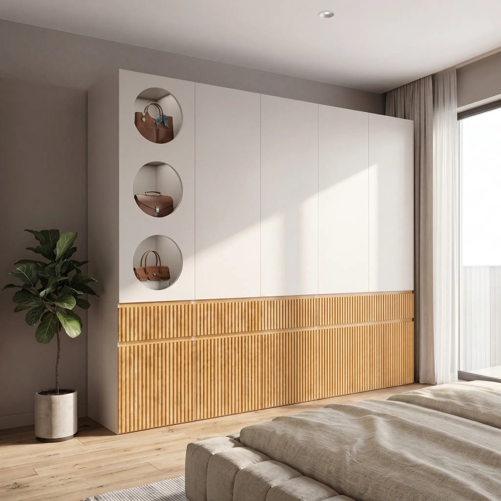 Armadio 10 ante, 225x50x200 cm, 2 appendini e 3 cassetti, rovere chiaro, moderno per camera, corridoio, cameretta o ufficio