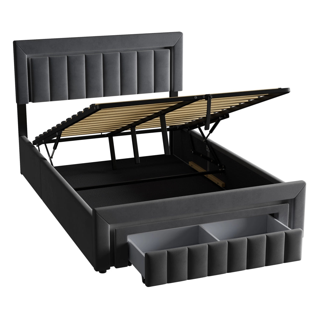 Letto imbottito grigio 140x200 cm con contenitore idraulico, LED e cassetto
