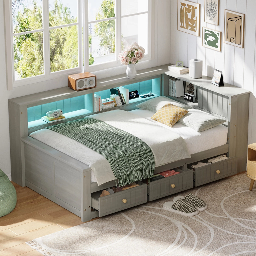 Letto da giorno in legno grigio, letto 90x200 cm con testiera portaoggetti e tre cassetti