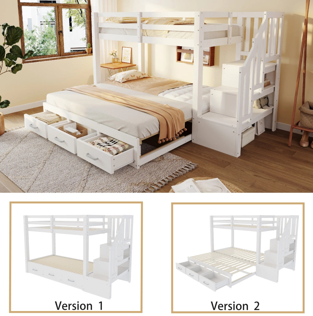 Letto a castello in legno massiccio 90x200 cm con letto estraibile 90/180x190 cm, scala con cassetti, bianco