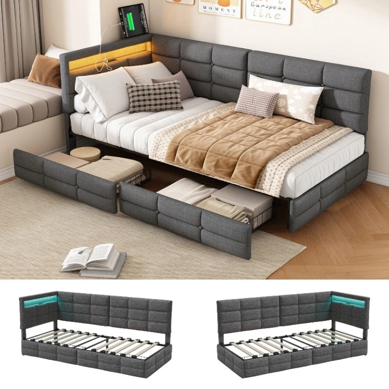 Divano letto multifunzionale 90x200 cm; letto imbottito a L con LED e USB; Letto Singolo con Rete a doghe e Testiera con Contenitore; Lino Grigio