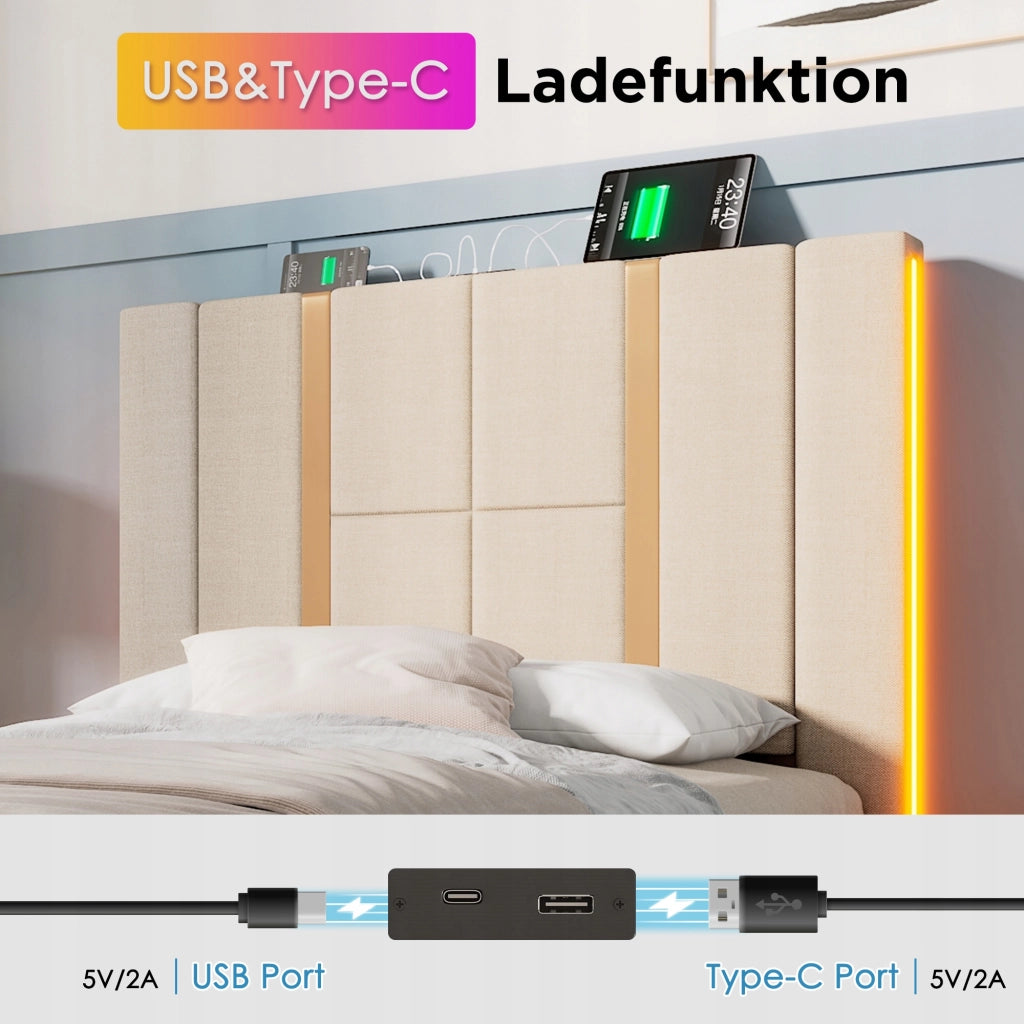 Letto imbottito 90x200 - Xylo - Beige, USB-C e LED