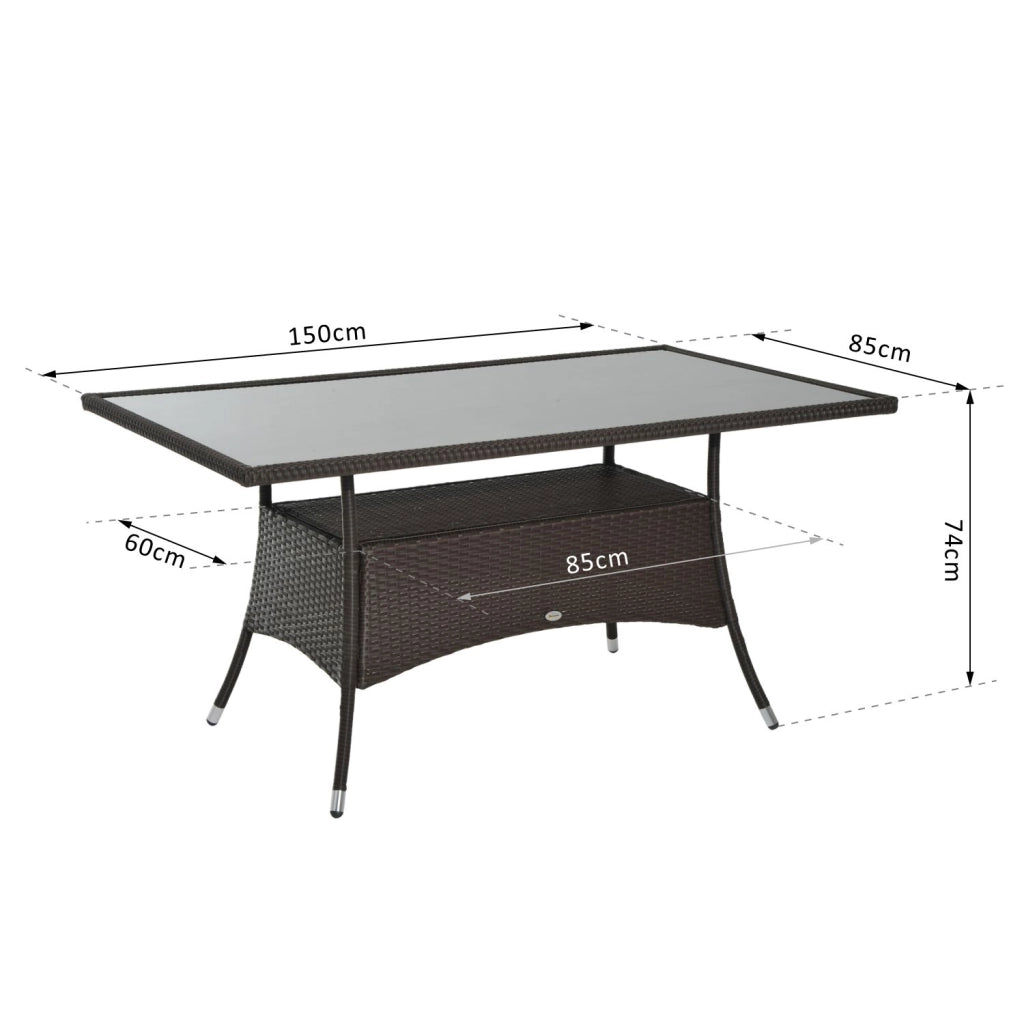 Tavolo da giardino da pranzo in polyrattan e vetro temperato marrone e nero robusto per esterno 150x85x74cm