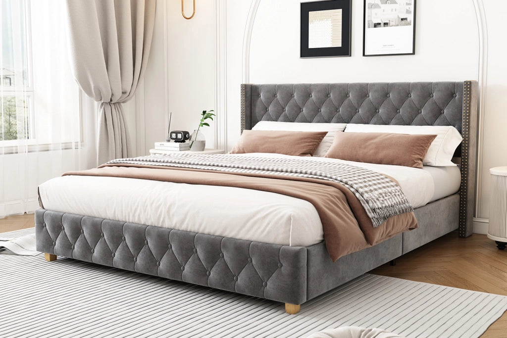 Letto imbottito 180 × 200 cm con rete a doghe testiera capitonné in velluto grigio gambe in legno
