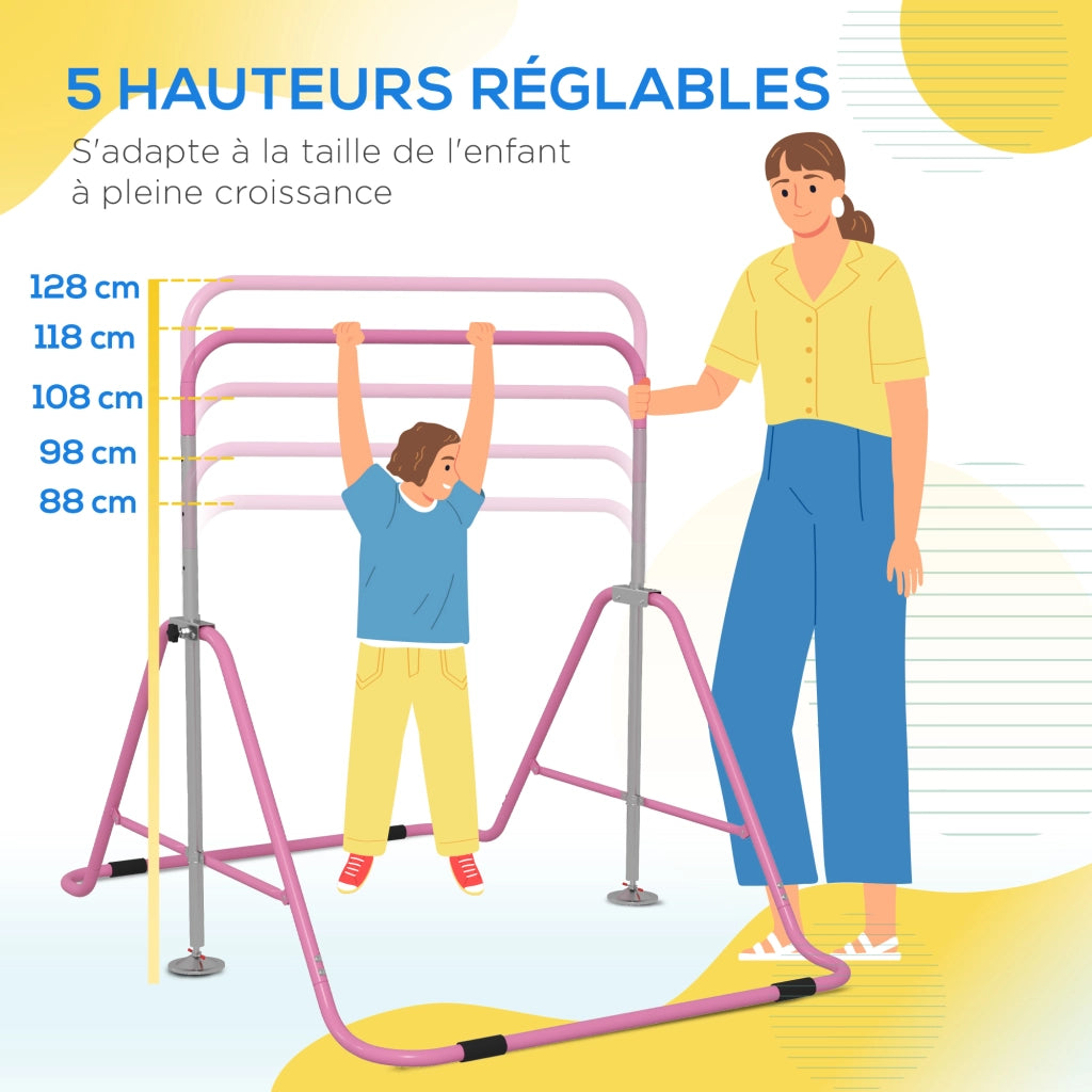 Sbarra per ginnastica per bambini pieghevole altezza regolabile 88-128 cm rosa robusta per casa