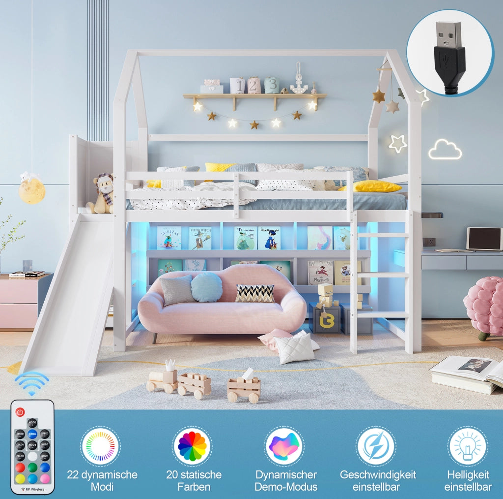 Letto a soppalco ULEVR 90x200 cm a forma di casa con scivolo, LED, ripiani e scala, bianco