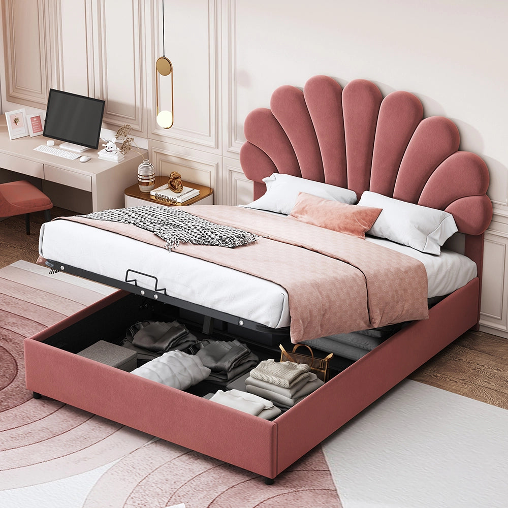 Letto bambino con cassone - Xylo - 140x200 cm - velluto rosa
