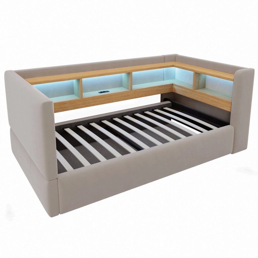 Divano Letto Imbottito 90x190 cm con Contenitore Idraulico, LED e Prese, Colore Grigio Scuro