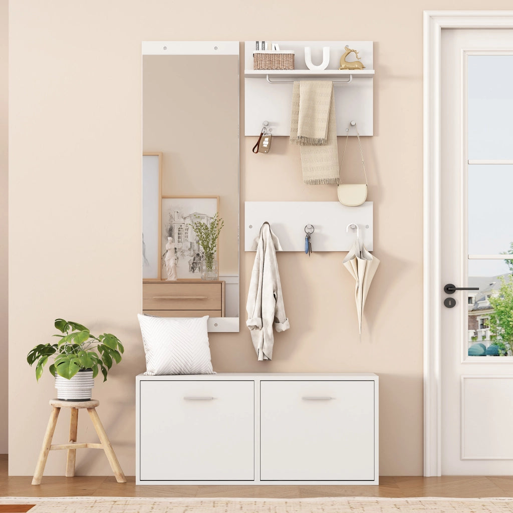 Set mobili ingresso 4 pezzi bianco con scarpiera; specchio e appendiabiti da parete