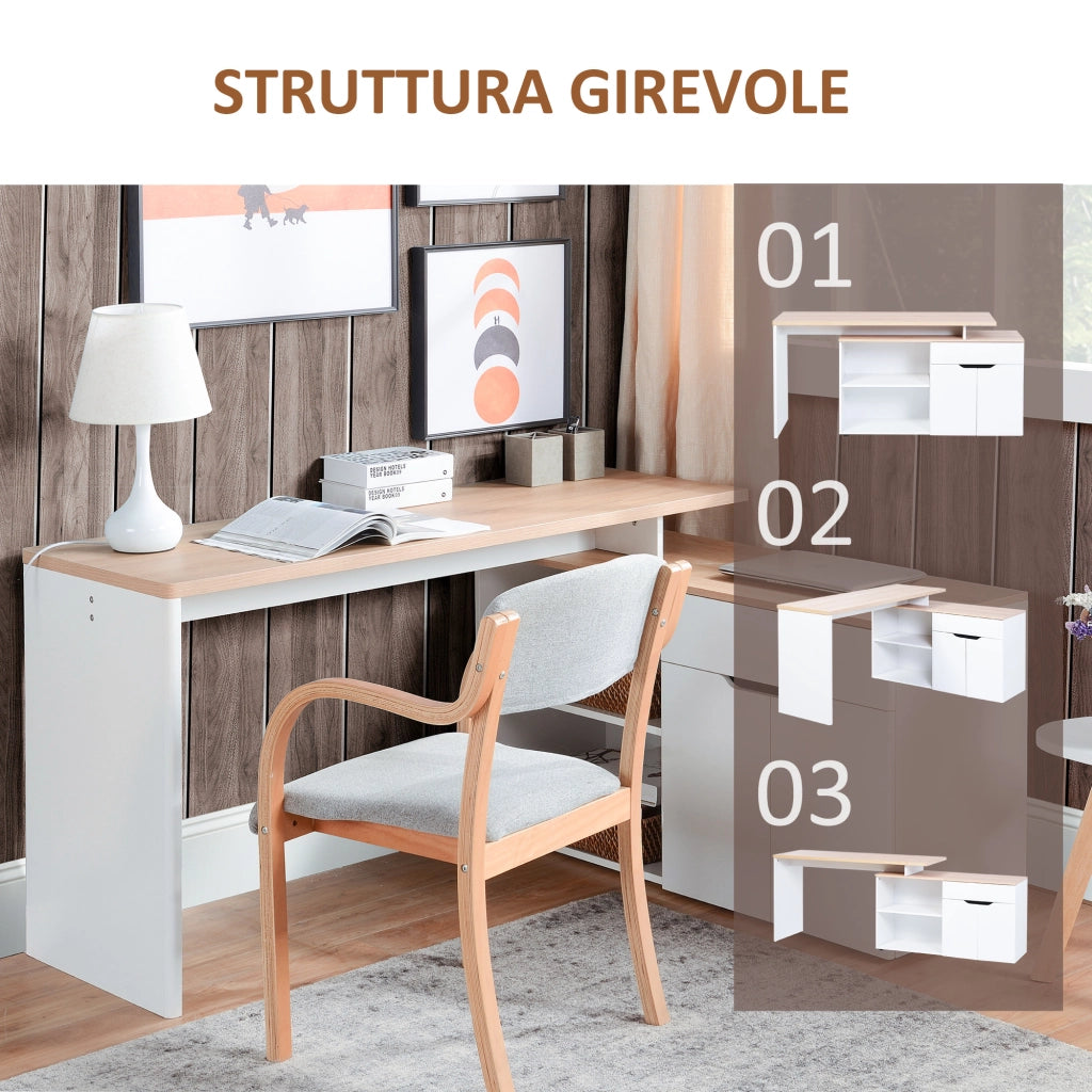 Scrivania Angolare con Libreria a 2 Ripiani, Armadietto e Cassetto, 140x117x76 cm, color Legno e Bianco