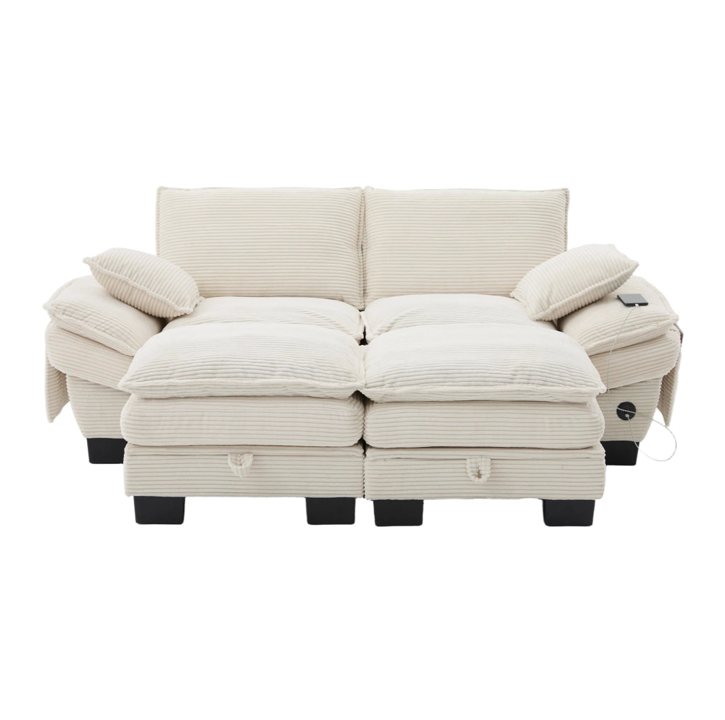 Divano modulare 2 posti 190x132x84 cm in velluto a coste beige con USB-C