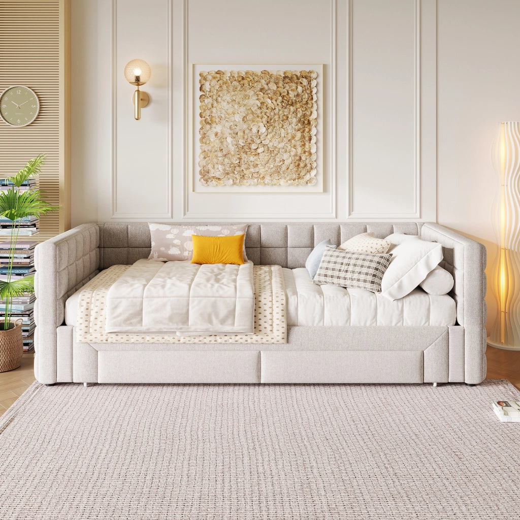 Divano letto 90 × 200 cm con due cassetti estraibile rivestito in velluto struttura in MDF beige senza materasso