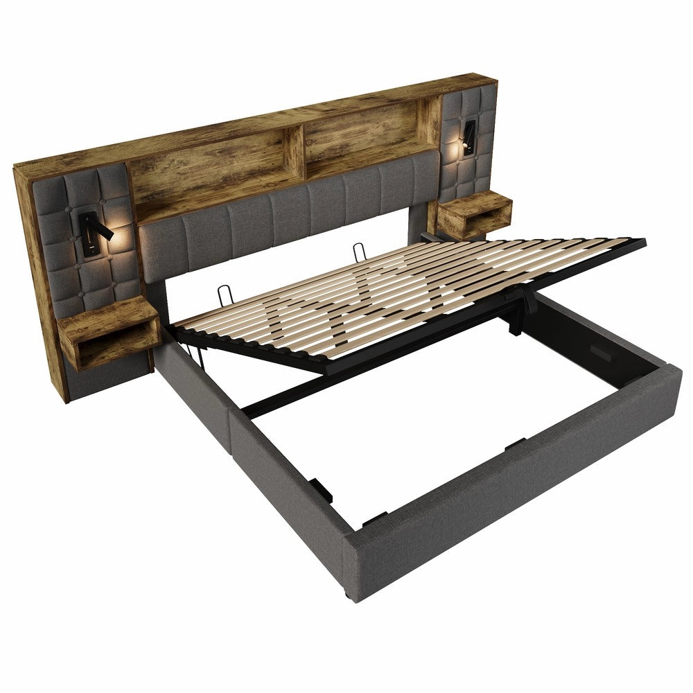 Letto imbottito contenitore ¨C Minimal ¨C grigio tessuto 180x200cm con LED rete a doghe senza materasso