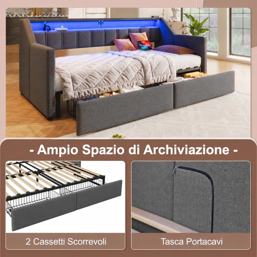 Divano letto estraibile 140 x 200 cm; 3 cassetti; luci LED; prese USB e USB C; truciolare e MDF; bianco