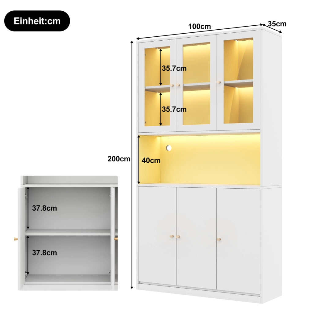 Libreria 100x35x200 cm bianca in MDF, vetrina LED e 3 ante
