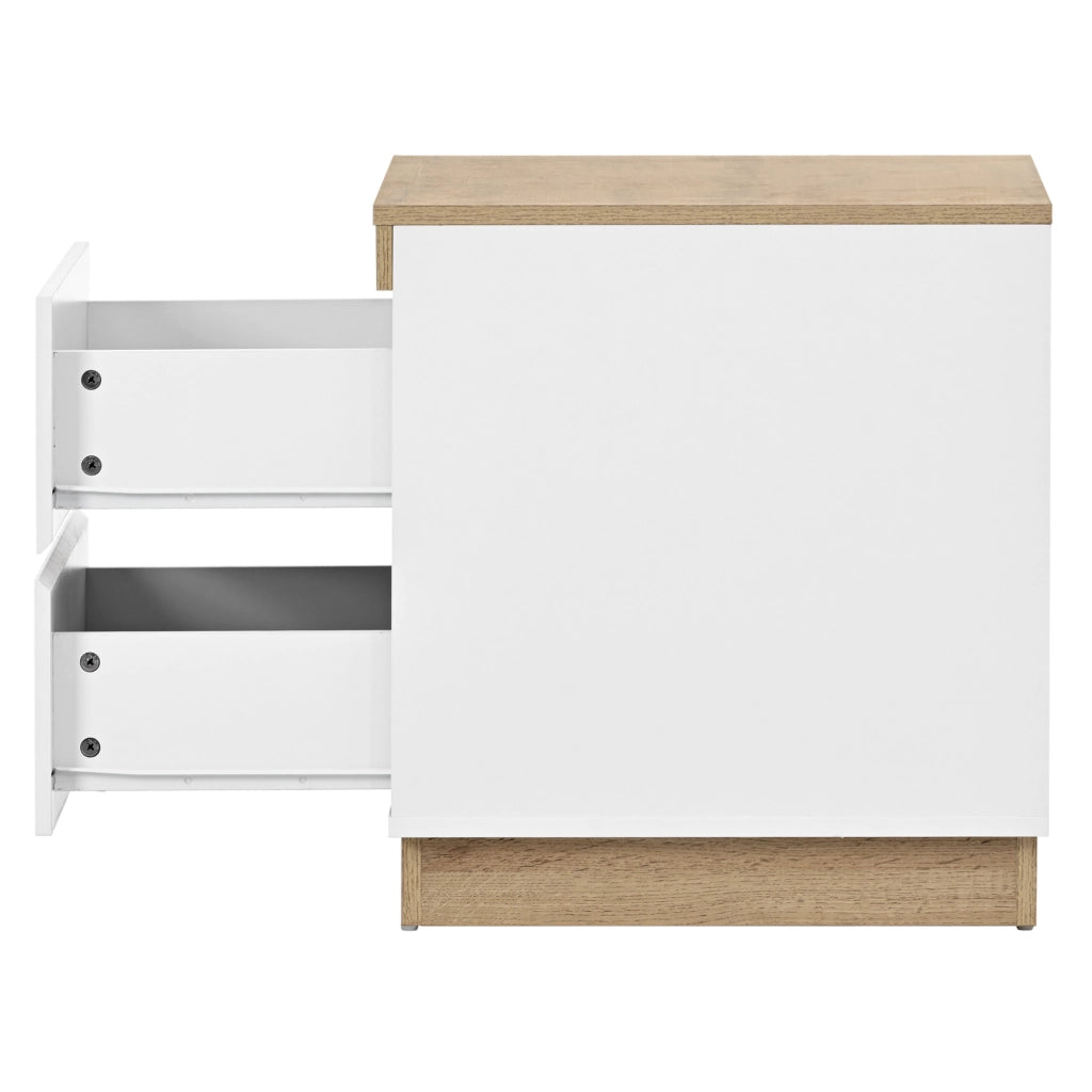 Comodino con due cassetti in pannello E1 effetto quercia e bianco, armadietto per camera da letto