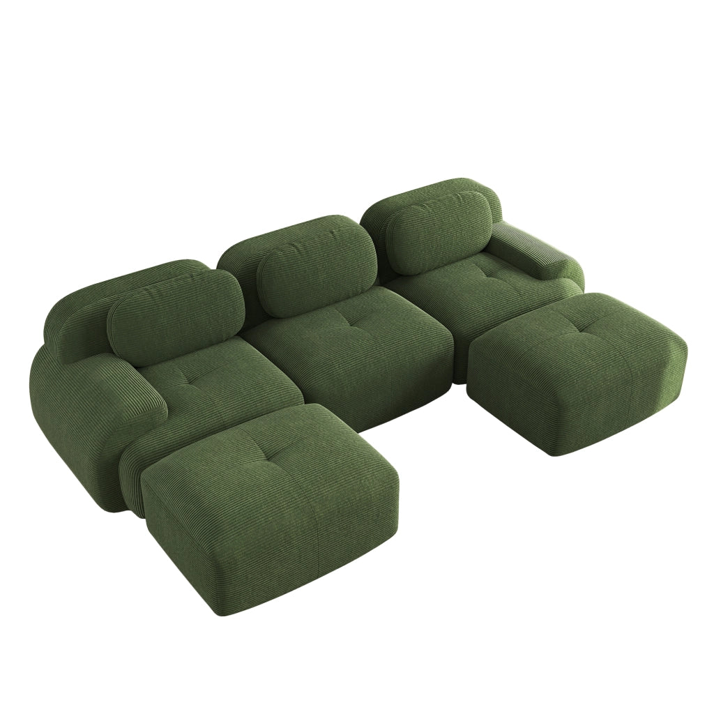 Divano angolare modulare con seduta ampia; braccioli curvi e base antiscivolo in corduroy verde