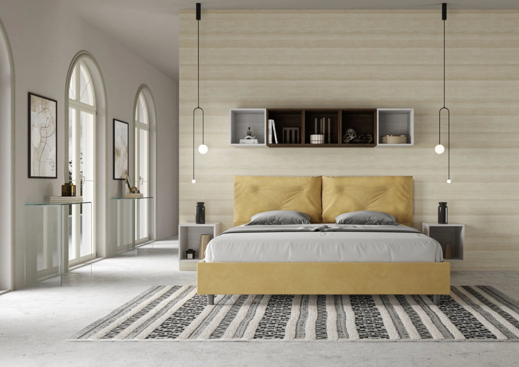 BS COM Letto matrimoniale king size senza rete imbottito 200x210 microfibra ocra