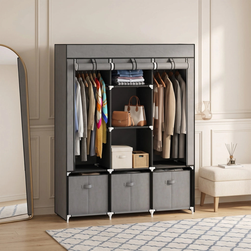 Armadio in Tessuto Pieghevole Grigio Scuro Guardaroba Salvaspazio con Cassetti e Zip 125x43x162.5cm
