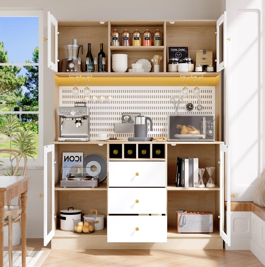 Hochschrank mit smartem LED-Licht, Weinregal und verstellbaren Einlegeböden, 140x40x185,7 cm, Weiß