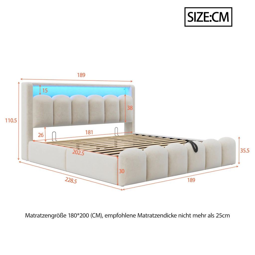 Letto matrimoniale con contenitore 180 × 200 cm imbottito in velluto beige con LED; USB e porta Type-C