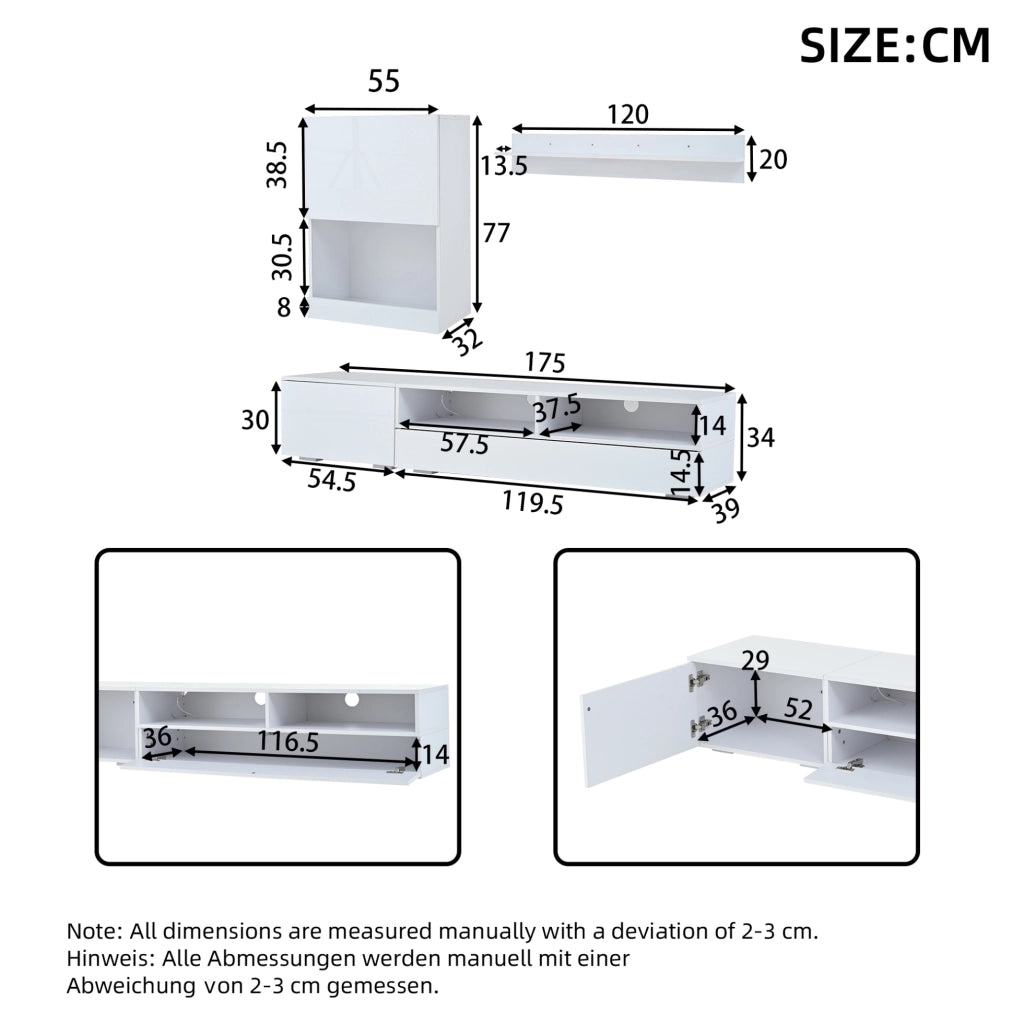 Set mobile TV con LED; 175x39x34 cm; bianco; in pannello truciolare