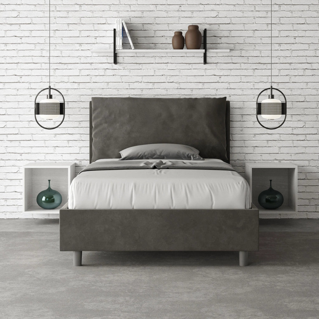 Letto 1 Piazza E Mezzo 130x210 cm con Rete e Contenitore Imbottito in Microfibra Antea Large Grigio