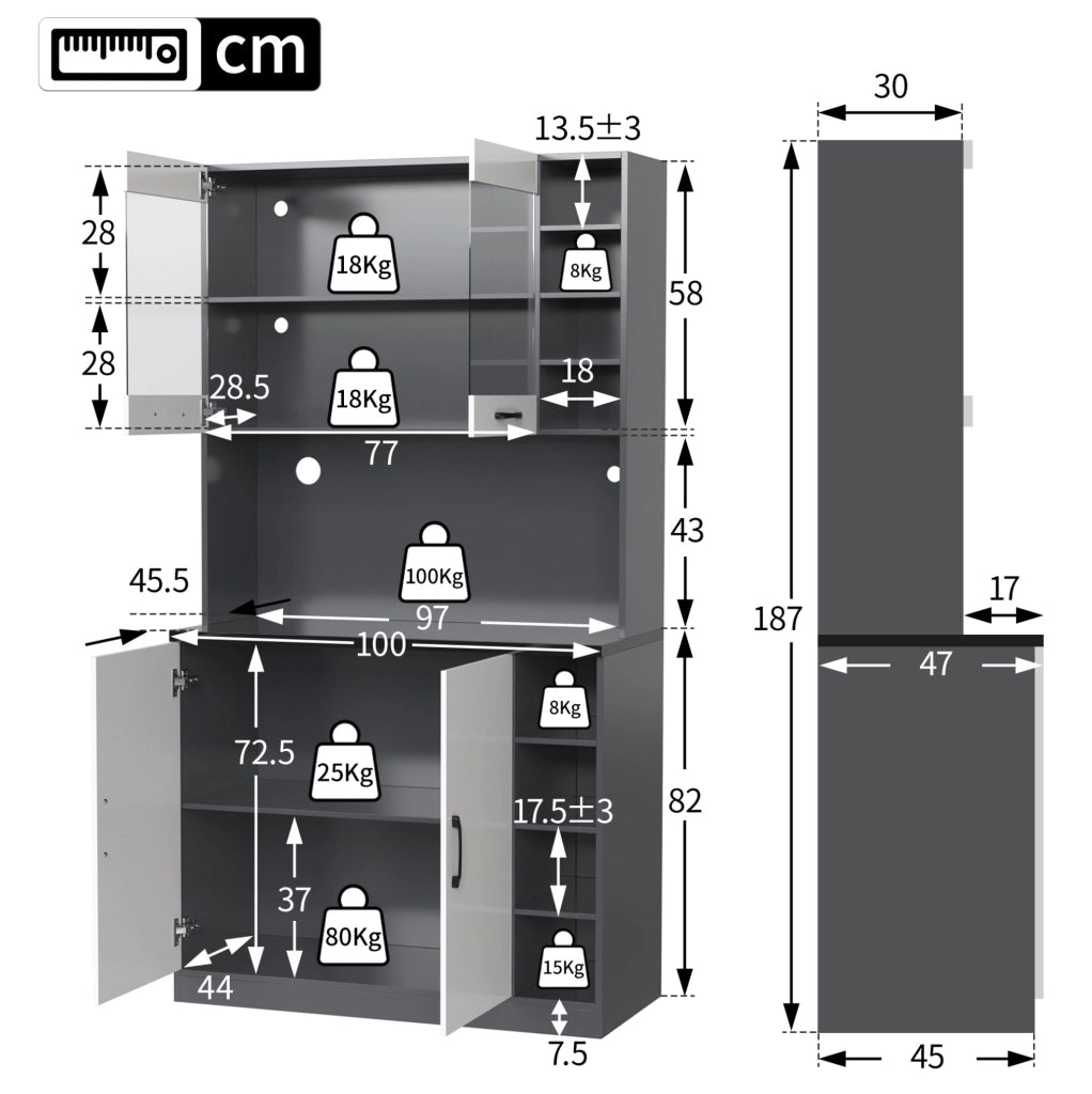 Mobile da cucina con LED, vani regolabili e ripiano per microonde