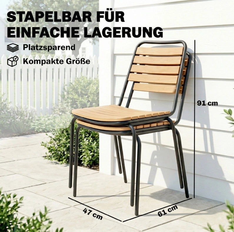 Set di 2 Sedie da Giardino in Acciaio e Legno di Eucalipto, Impilabili, Portata 160 kg, Colore Naturale