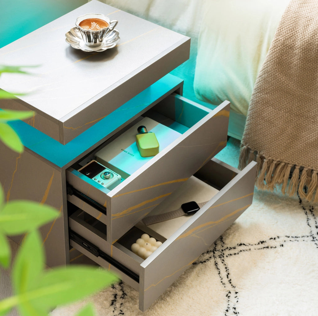 Comodino LED con 2 cassetti grigio e oro