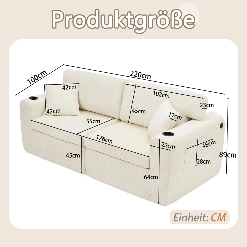 Divano Relax 2 Posti in Chenille con Tasca Laterale e Cuscini ¨C MINIMAL ¨C Beige