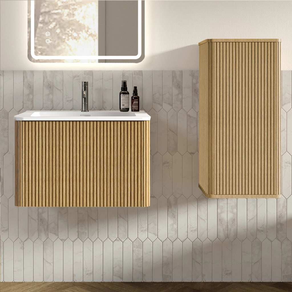 Set mobili bagno sospesi con lavabo e colonna in MDF; compensato e Solid Surface naturale