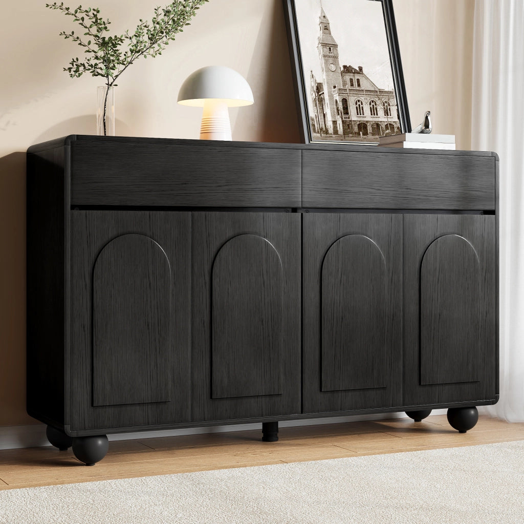Sideboard nero con porte arcuate, 2 cassetti e 4 ante in PB e MDF, gambe rotonde in metallo
